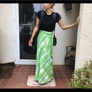 Vtg maxi barkcloth 60s plaid skirt green belt xs
